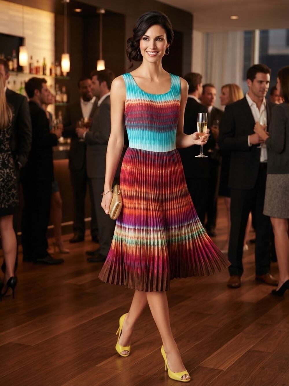 Antonio Melani Multicolor Pleated Midi Dress Size 8 Sunset Sunset Ikat Cocktail